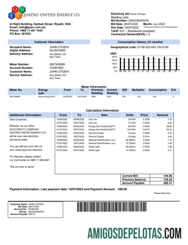 realista Saudi Quatro United Energy Co. Conta de serviços públicos, modelo Word e PDF